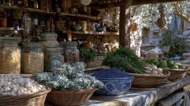 Rustic market stall with neatly organized jars of grains, bundles of fresh herbs, and baskets of vegetables, sunlight streaming in to highlight vibrant colors and textures