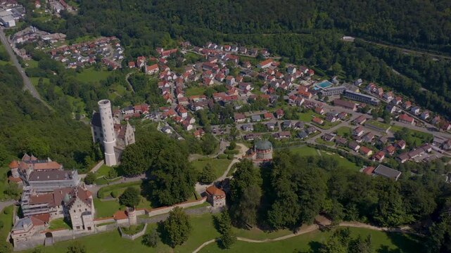 Aerial view around the Lichtenstein Castle in Germany on a sunny day in Summer.