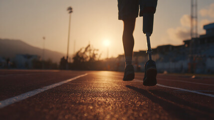 Amputee Athlete With Prosthetic Leg Training With Determination On Track