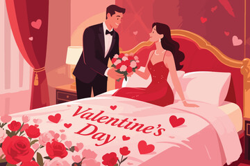 Man giving bouquet to woman on bed with heart decor and &ldquo;Valentine&rsquo;s Day&rdquo; text in romantic bedroom.