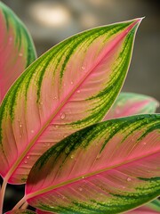 Closeup of pink and green leaves with water droplets on surface