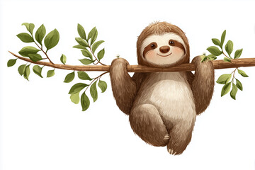 Cute Cartoon Sloth Hanging on Branch Isolated on White Background Friendly Animal Illustration
