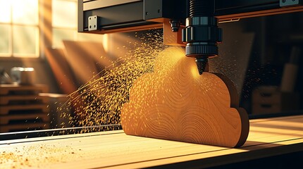 CNC machine carving a cloud-shaped wooden workpiece with flying sawdust in a bright workshop.
