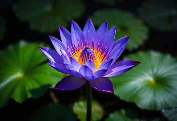 Purple water lily blooms gracefully over lush green lily pads, radiating beauty and tranquility in a serene aquatic setting Relaxation concept