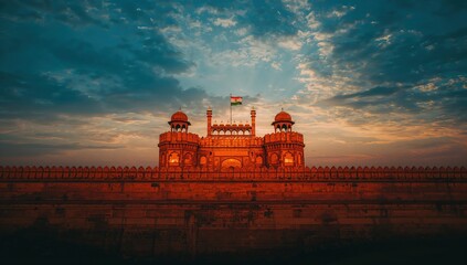 Red Fort Delhi Silhouette with Indian Flag at Dusk, independence symbolism, historic architecture