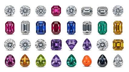 A collection of various precious gemstones in different colors and shapes on a white background