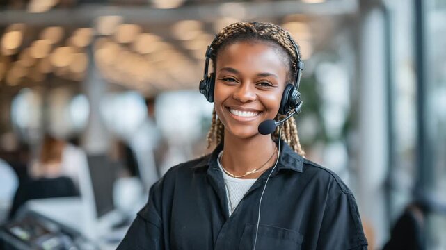 Smiling customer service representative wearing a headset, typing on a sleek keyboard, seated in a bright, spacious call center with rows of modern desks and large windows letting - Powered by Adobe