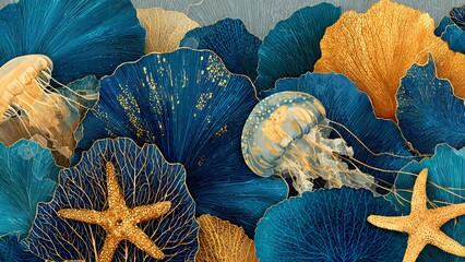 Abstract underwater illustration featuring jellyfish and starfish composition