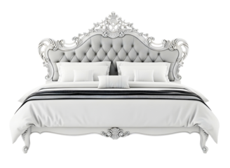 Ornate white bed with tufted headboard and pillows on white isolated on transparent background