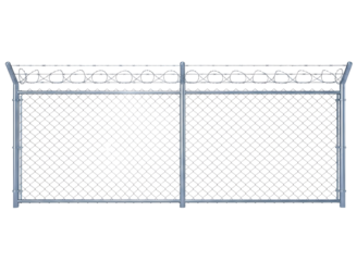Chain link fence gate with metal frame isolated on transparent background