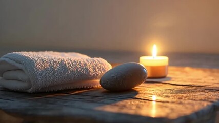 Relaxing moments with candlelight and smooth stones near a towel in a serene setting