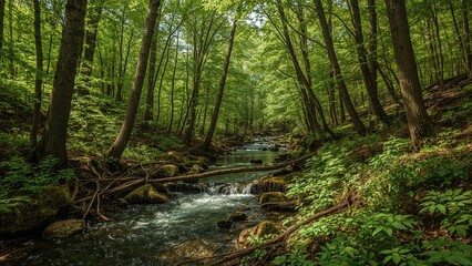 Obraz premium Lush green forest with a flowing stream and rocks, captured in 2023