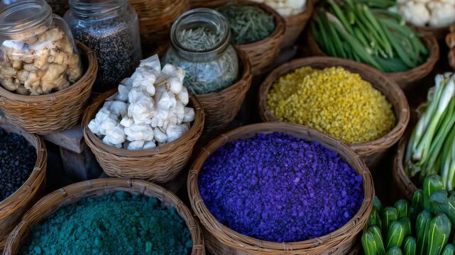 Top-down view of a colorful market display, jars of grains and herbs interspersed with baskets of fresh vegetables, capturing abundance, health, and sustainability
