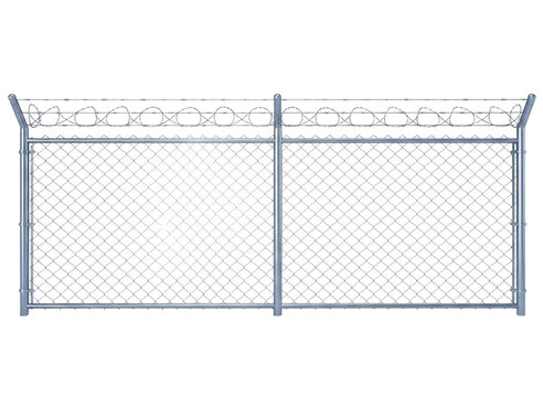 Chain link fence gate with metal frame isolated on transparent background