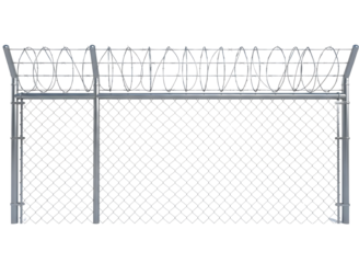 Chain link fence with barbed wire on top isolated on transparent background