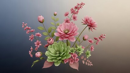 Beautiful bouquet of pink flowers and green succulent on gradient background