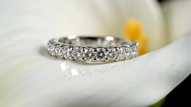 Abstract macro view of a dazzling white gold diamond band slowly rotating on the pristine, smooth surface of a white Calla Lily petal reflecting soft studio lighting jewel, luxury, macro