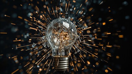 A light bulb shattering with sparks and fragments, symbolizing innovation and ideas. Modern technology and creativity concept. The future of innovation.