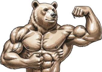 Muscular bear flexing muscles isolated on transparent background
