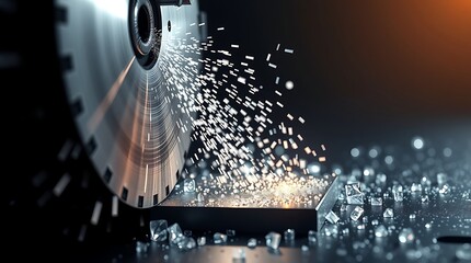 High speed cutting wheel creating crystal fragments and glowing debris on a dark background.