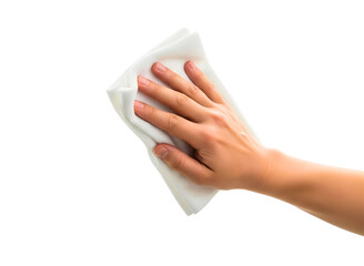 Hand holding white cleaning cloth isolated on transparent background