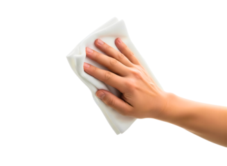 Hand holding white cleaning cloth isolated on transparent background