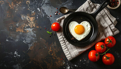 Heart shaped fried egg in a cast iron skillet with tomatoes and herbs