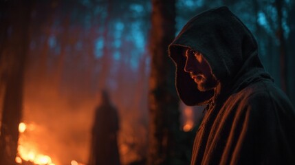 Man in a robe in the woods by a campfire. Mysterious concept, sect