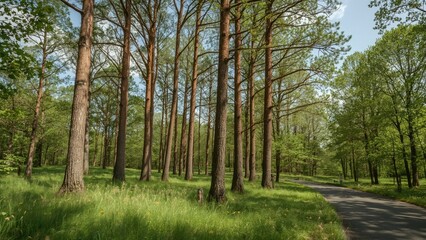 Fototapeta premium A forest landscape with tall trees and a winding road through lush greenery and foliage.