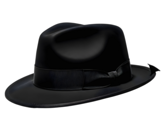Black fedora hat with ribbon isolated on transparent background