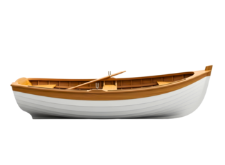 Small wooden boat with oar on white isolated on transparent background