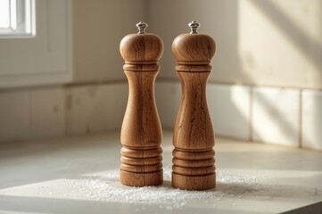 A calm kitchen moment caught as wooden mills rest gently within warm daylight