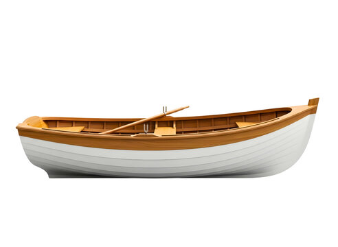 Small wooden boat with oar on white isolated on transparent background