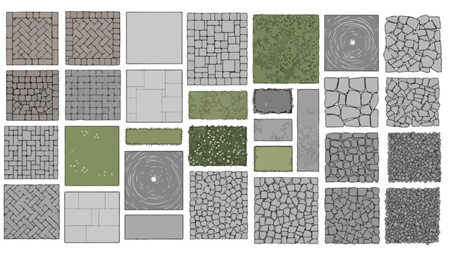 Top View Grey Stone and Green Grass Paving Tiles Set for Landscape Design