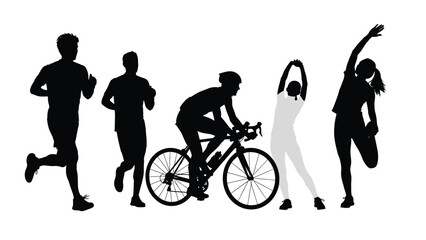 Silhouette illustration of diverse people engaging in various fitness activities like running cycling and stretching on white background with exercise