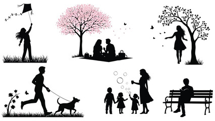 Silhouette illustrations of people enjoying outdoor activities in park with trees and dog with leisure and kite and picnic and flying and walking
