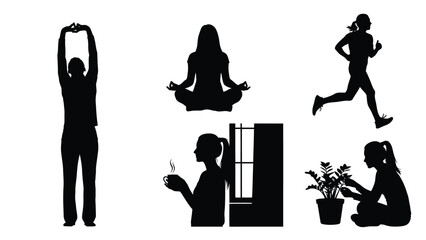 Black silhouettes of people doing yoga running exercising and relaxing in various poses on white background with exercise and relaxation and fitness