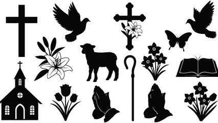 Christian religious symbols and icons collection with church dove cross lamb flowers bible shepherd staff and praying hands vector illustration