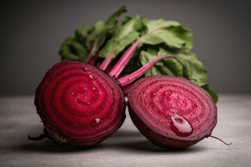 Soft light reveals beetroot&rsquo;s glowing patterns as fresh juice glistens across its surface