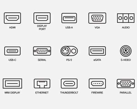 type of computer port and connector outline vector icon isolated on background