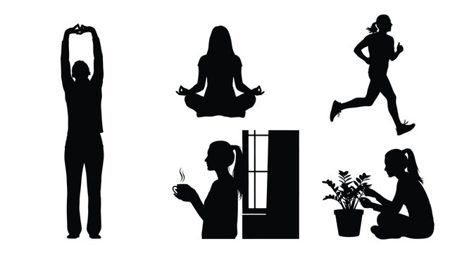 Black silhouettes of people doing yoga running exercising and relaxing in various poses on white background with exercise and relaxation and fitness