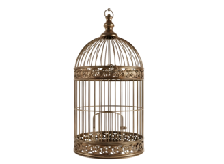 Ornate gold birdcage with intricate details isolated on transparent background