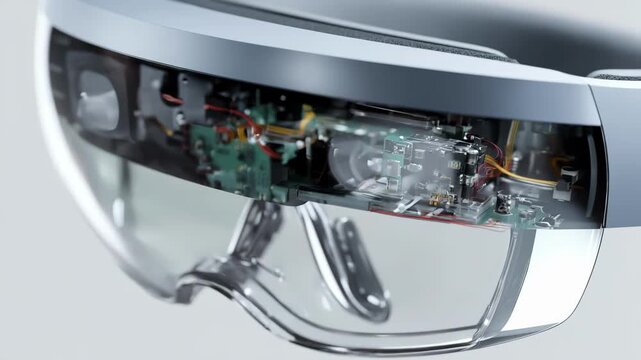 Closeup of augmented reality headset lens replacement and resolution upgrade highlighting mixed reality components and seamless integration for interactive environments.