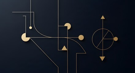 A modern abstract geometric design with gold lines and shapes on a dark background