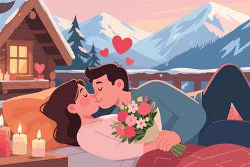 Couple kissing on bed in snowy mountain with bouquet, cabin, and heart decor in romantic winter scene.