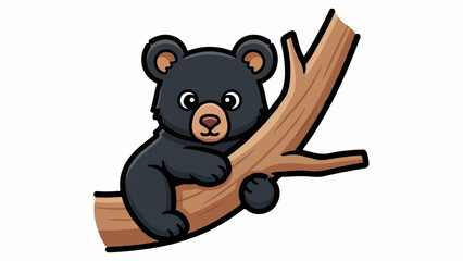 A cute cartoon black bear cub clings to a brown tree branch © harimau