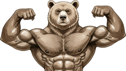 Muscular bear flexing muscles in a powerful pose isolated on transparent background