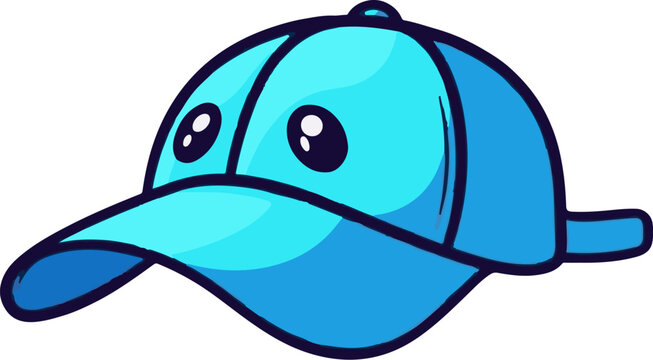 A cute cartoon blue baseball cap with large, wide eyes and a curved brim
