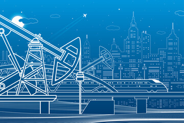 Train rides on the bridge. Three industrial pipes. Power plant, petroleum industry. City and transport illustration. Urban scene. White lines on blue background. Vector design art