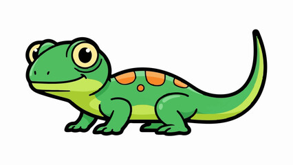 Obraz premium A cute, cartoon green lizard with yellow eyes and orange spots on its back
